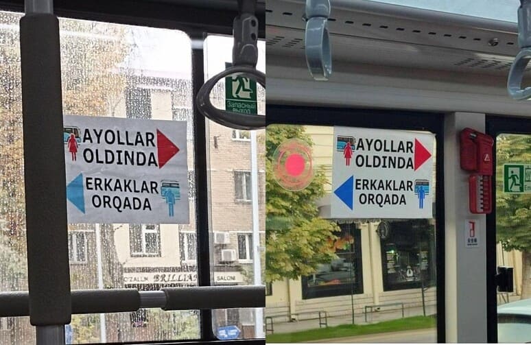 <p><b>Toshkentdagi avtobusga ayollar va erkaklar joyi ajratilganini targ&lsquo;ib qiluvchi qog&lsquo;oz yopishtirildi</b></p>