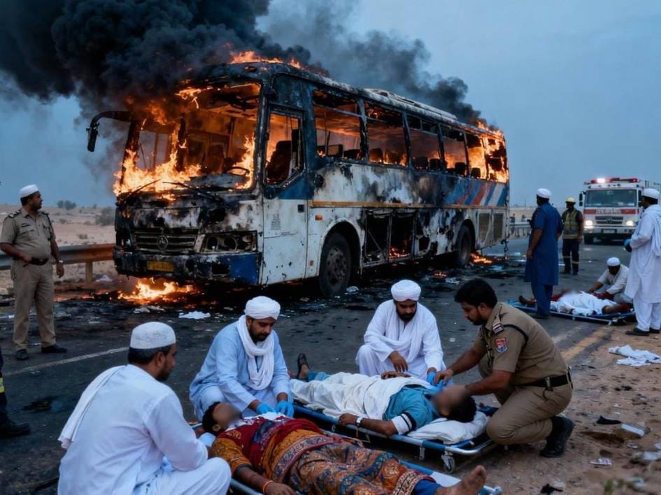 Саудия Арабистонида зиёратчиларни олиб кетаётган автобус ёниб кетди (видео)