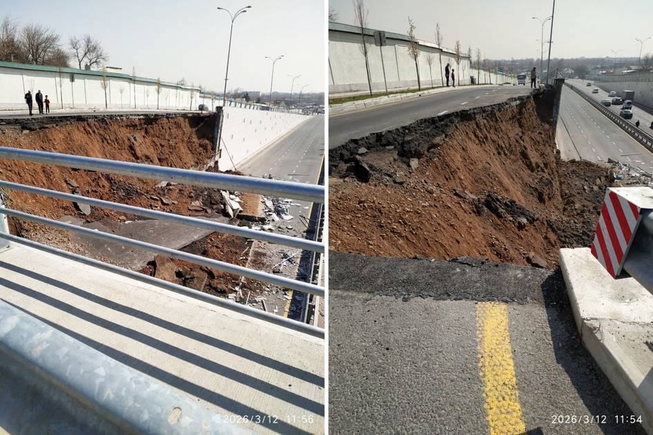 В Ташкенте обрушилась часть дороги на путепроводе (видео)