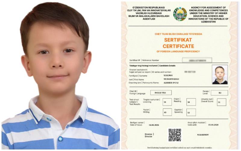Navoiyda 8 yoshli o‘quvchi ingliz tilidan B2 darajadagi milliy sertifikatni qo‘lga kiritdi